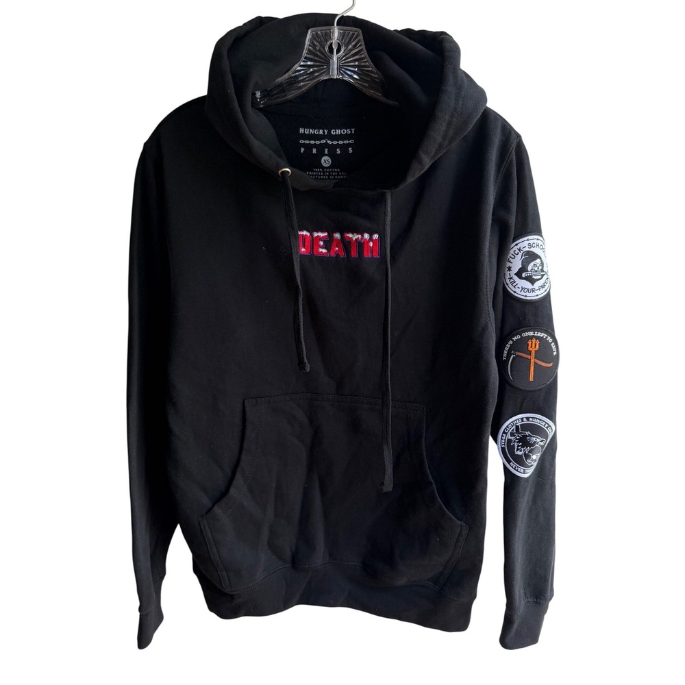 Hungry Ghost Press Men's Black "Death" Graphic Streetwear Goth Emo Patch Hoodie